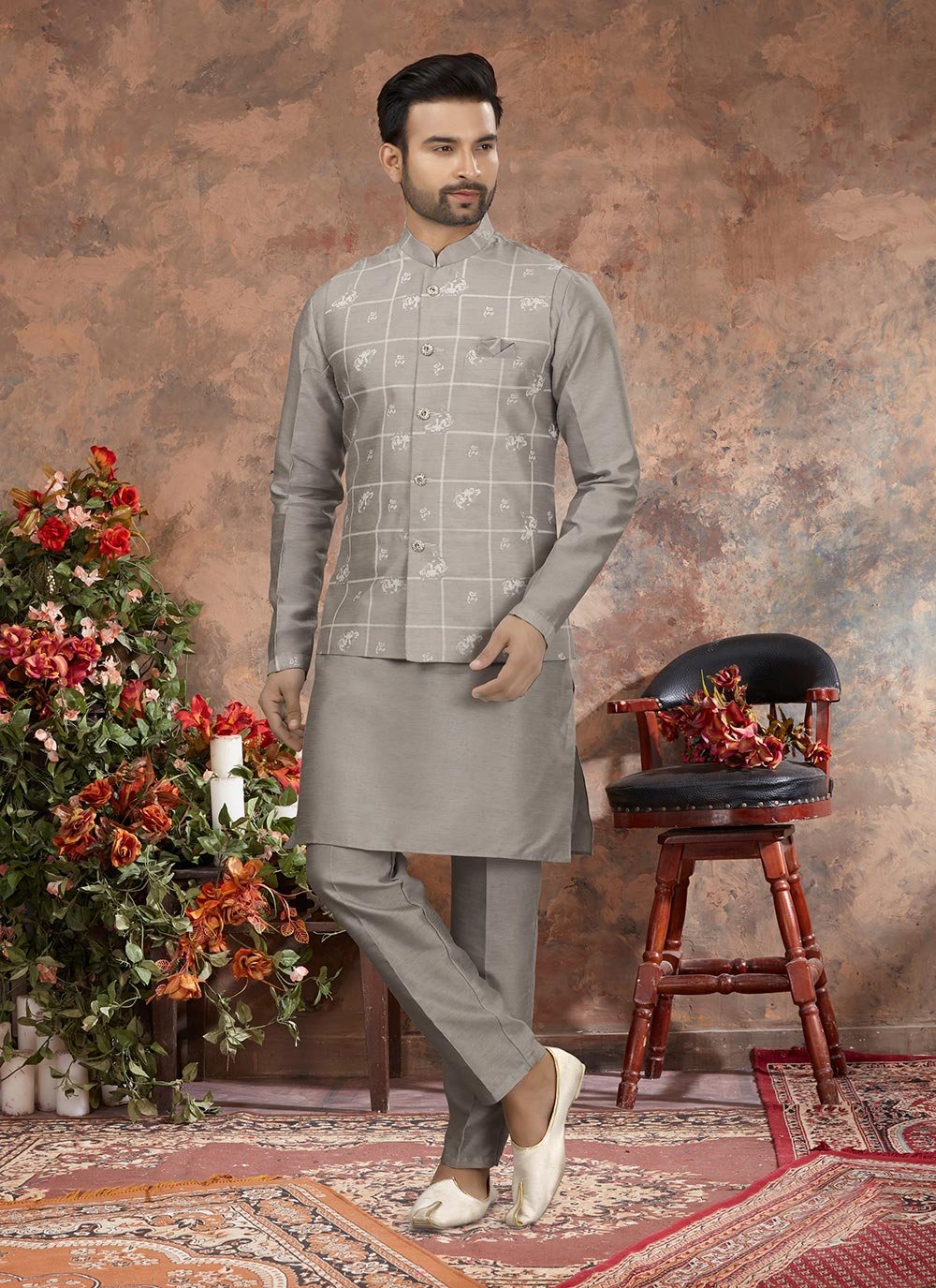 Dupion Silk Grey Kurta Payjama With Jacket