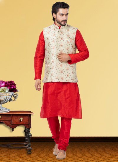Dupion Silk Kurta Payjama With Jacket in Cream and Red