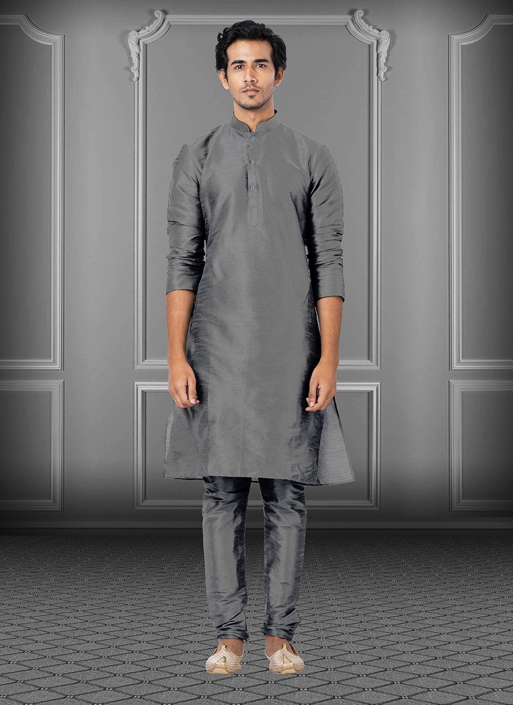 Dupion Silk Kurta Pyjama in Grey