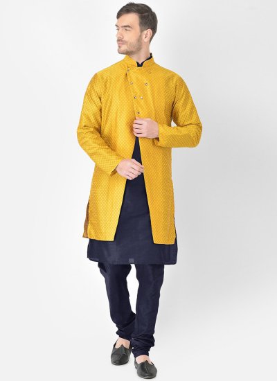 Dupion Silk Navy Blue and Yellow Kurta Payjama With Jacket