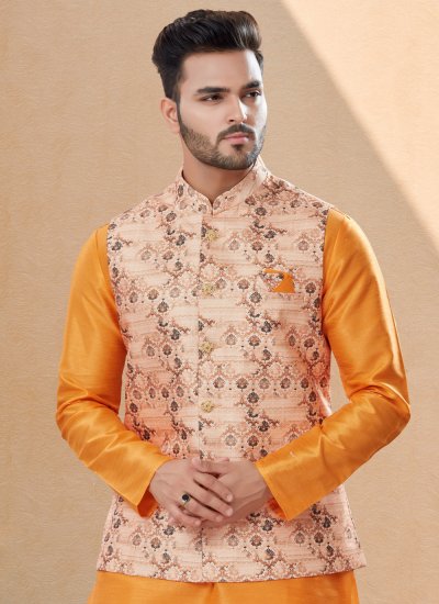 Dupion Silk Peach and Yellow Digital Print Kurta Payjama With Jacket