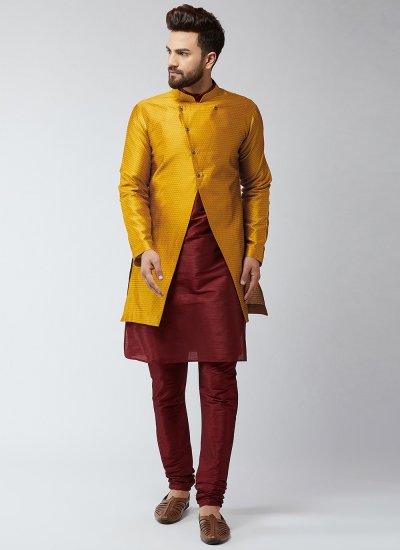 Dupion Silk Plain Indo Western in Gold and Maroon