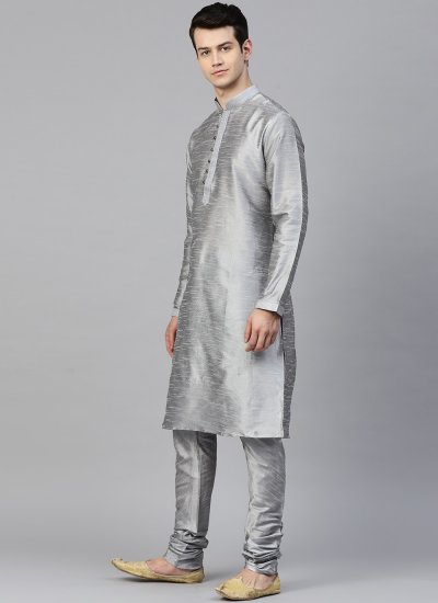 
                            Dupion Silk Plain Kurta Pyjama in Grey