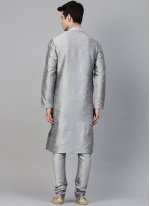Dupion Silk Plain Kurta Pyjama in Grey