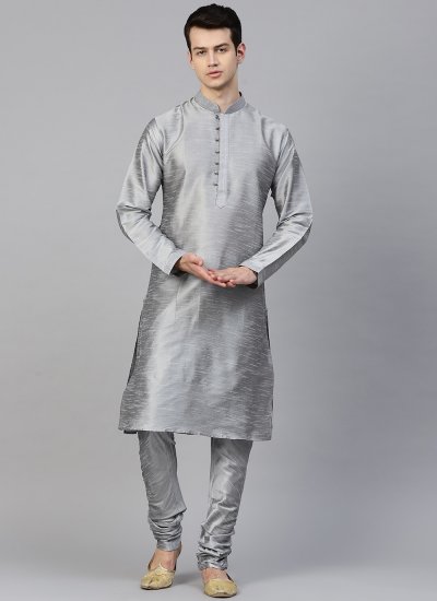 Dupion Silk Plain Kurta Pyjama in Grey