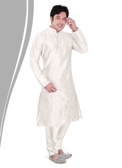 Dupion Silk Plain Kurta Pyjama in Off White