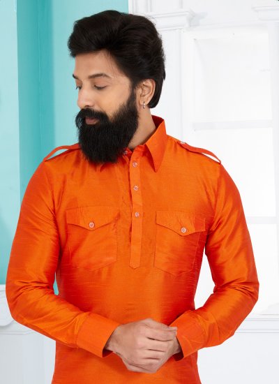 Dupion Silk Plain Orange Kurta Pyjama