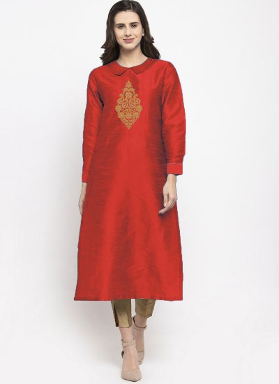 Dupion Silk Red Embroidered Casual Kurti