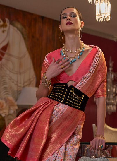 Elegant Handloom silk Peach Weaving Trendy Saree