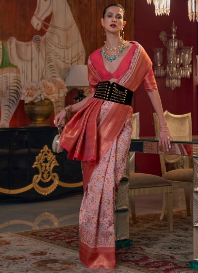 Elegant Handloom silk Peach Weaving Trendy Saree