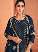 Elegant Navy Blue Embroidered Faux Georgette Designer Palazzo Suit