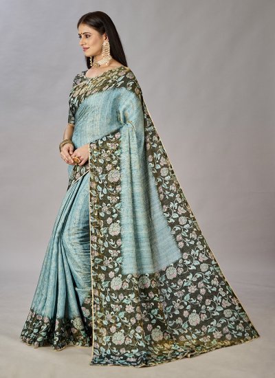 Elite Turquoise Digital Print Jacquard Silk Classic Designer Saree