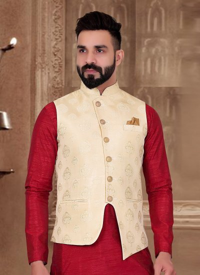 Embroidered Banarasi Jacquard Nehru Jackets in Cream