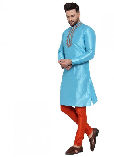 Embroidered Banarasi Silk Kurta Pyjama in Aqua Blue