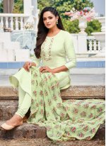Embroidered Chanderi Cotton Churidar Salwar Suit in Green