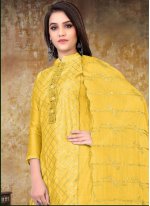 Embroidered Chanderi Designer Straight Salwar Suit in Yellow
