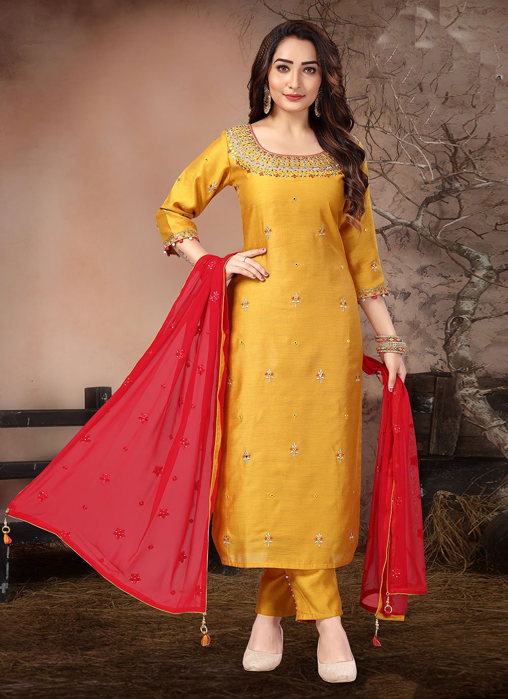 Buy Red And Yellow Lawn Slub Cotton Salwar Suit | Punjabi Patiala Suits