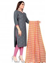 Embroidered Cotton Churidar Suit in Grey