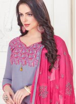 Embroidered Cotton   Churidar Suit in Grey