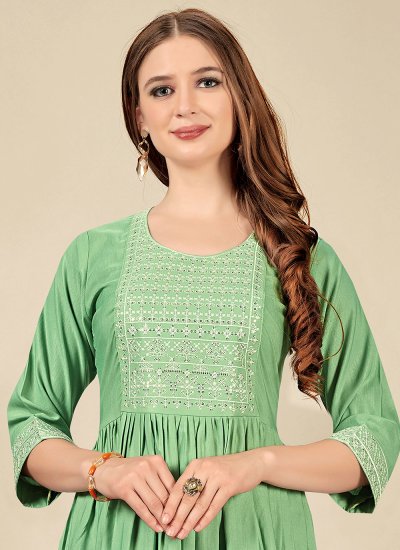 Embroidered Cotton Floor Length Kurti in Sea Green