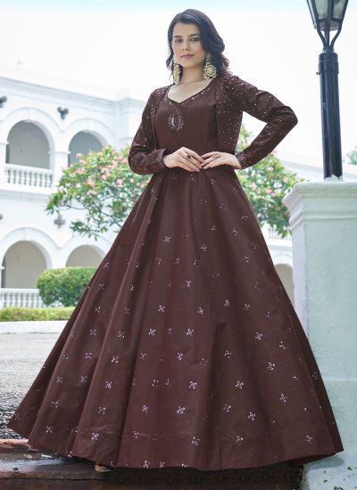 Embroidered Cotton Gown  in Brown