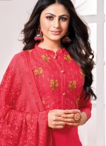 Embroidered Cotton Palazzo Suit in Red