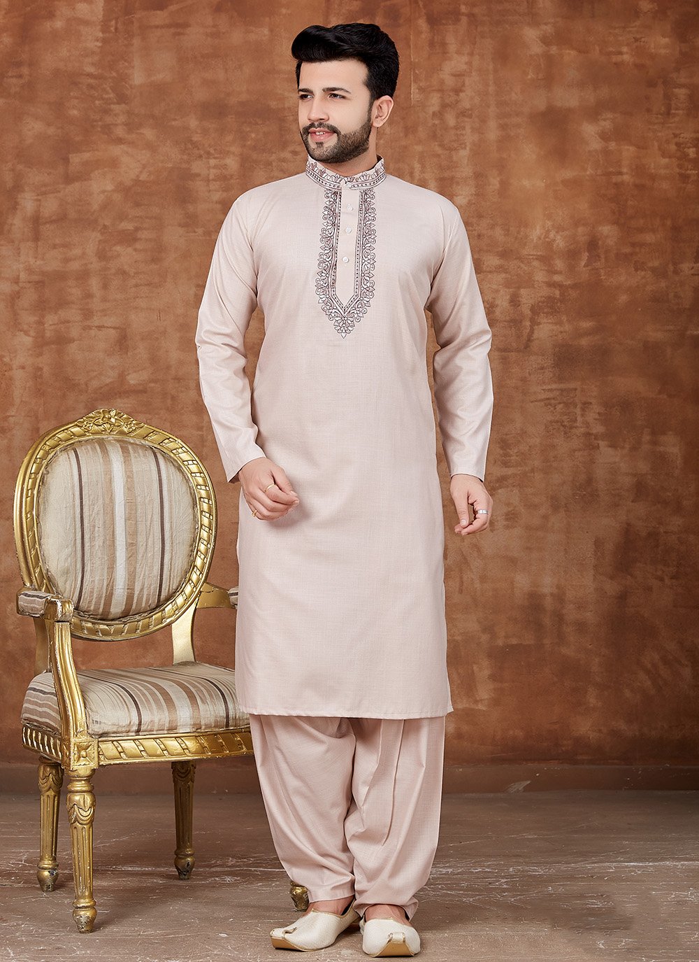 Embroidered Cotton Pathani Suits in Off White Mens Wear