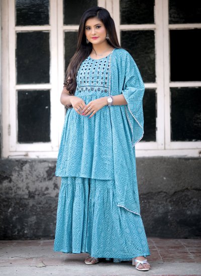 Embroidered Cotton Readymade Salwar Suit in Aqua Blue