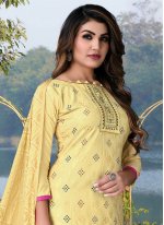 Embroidered Cotton Salwar Suit in Yellow