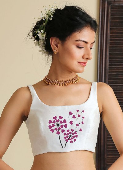 Embroidered Dupion Silk Blouse in White
