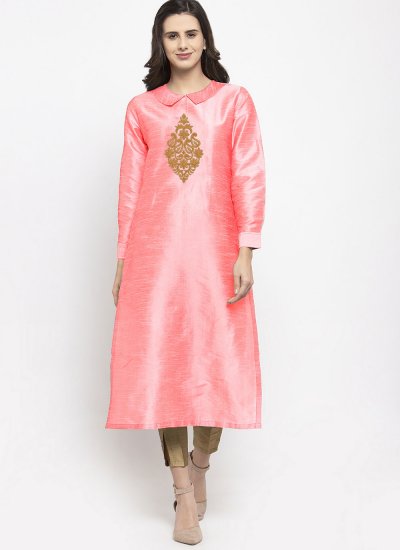 Embroidered Dupion Silk Designer Kurti in Rose Pink