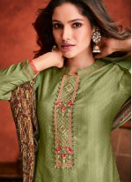 Embroidered Fancy Fabric Designer Palazzo Suit in Green