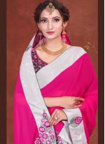 Embroidered Faux Chiffon Designer Half N Half Saree in Grey and Hot Pink
