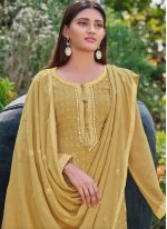 Embroidered Faux Chiffon Designer Palazzo Salwar Suit in Yellow