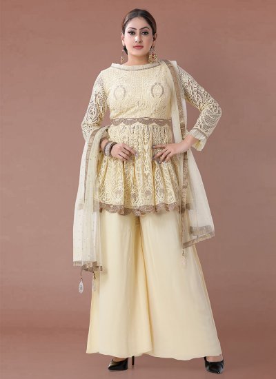 Embroidered Faux Crepe Readymade Salwar Suit in Off White