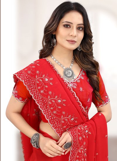 Embroidered Faux Georgette Classic Designer Saree in Red
