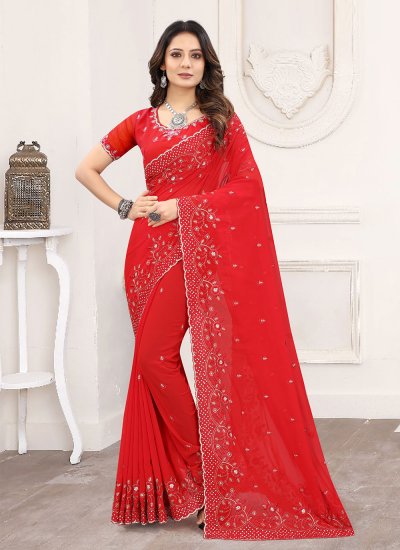 Embroidered Faux Georgette Classic Designer Saree in Red