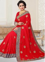 Embroidered Faux Georgette Classic Saree in Red