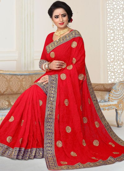 Embroidered Faux Georgette Classic Saree in Red