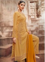 Embroidered Faux Georgette Designer Pakistani Suit in Mustard
