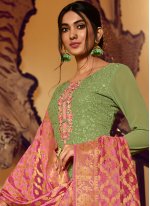 Embroidered Faux Georgette Designer Palazzo Salwar Kameez in Green