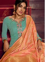 Embroidered Faux Georgette Designer Palazzo Salwar Kameez in Turquoise