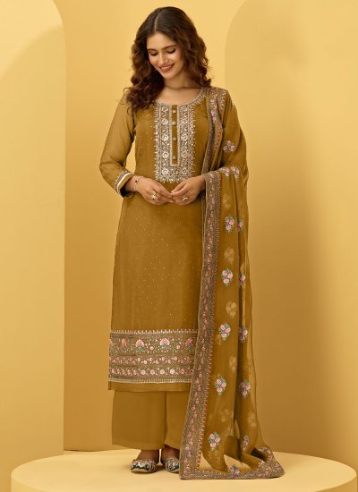 Embroidered Faux Georgette Designer Palazzo Suit in Mustard