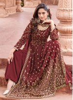 Embroidered Faux Georgette Palazzo Salwar Kameez in Maroon