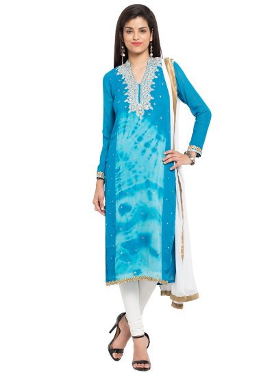 Embroidered Faux Georgette Readymade Churidar Salwar Kameez in Blue