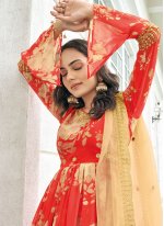 Embroidered Faux Georgette Readymade Salwar Suit in Red