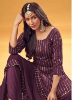 Embroidered Faux Georgette Readymade Suit in Purple