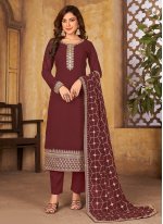 Embroidered Faux Georgette Salwar Suit in Maroon