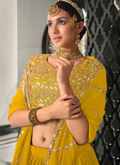 Embroidered Georgette A Line Lehenga Choli in Yellow