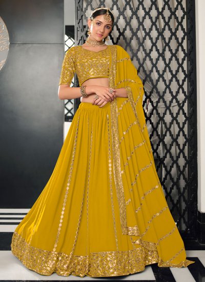 Embroidered Georgette A Line Lehenga Choli in Yellow